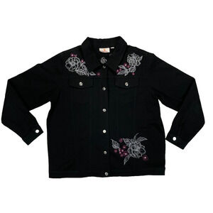 Quacker Factory Black Embroidered Denim Jacket XL Floral Western Rhinestone